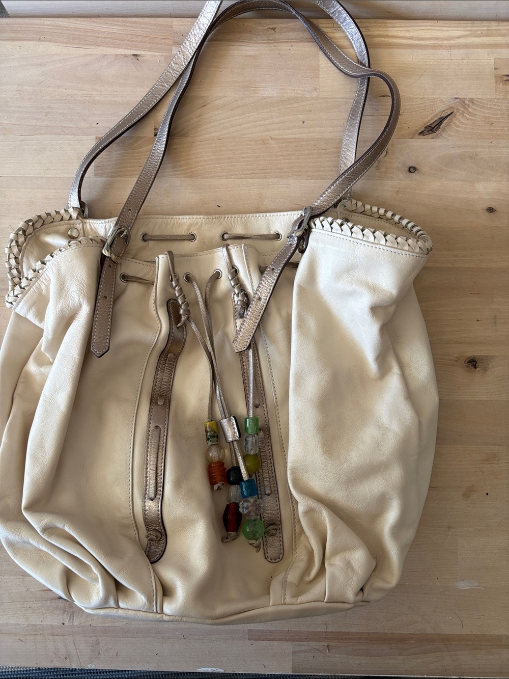 VTG Cream Leather Shoulder Bag with Glass Bead Accents